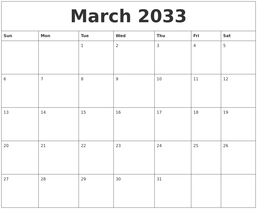 March 2033 Free Printable Weekly Calendar