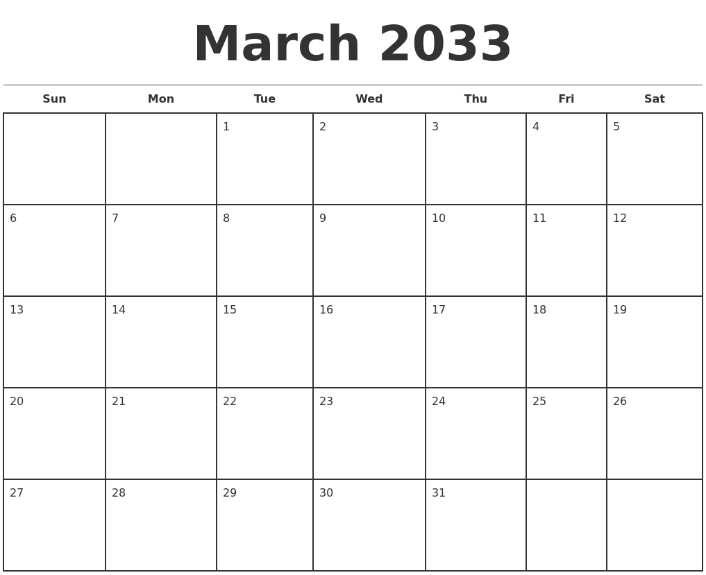 March 2033 Monthly Calendar Template