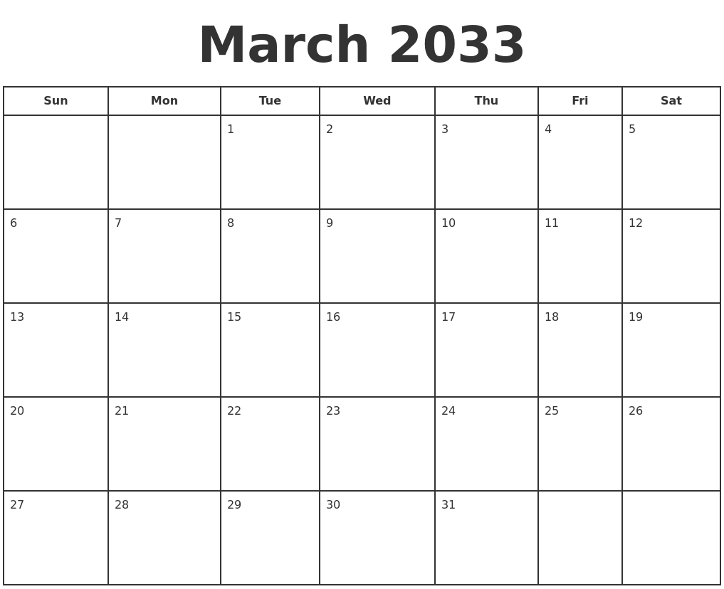 March 2033 Print A Calendar