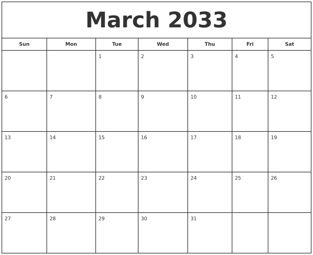 March 2033 Print Free Calendar