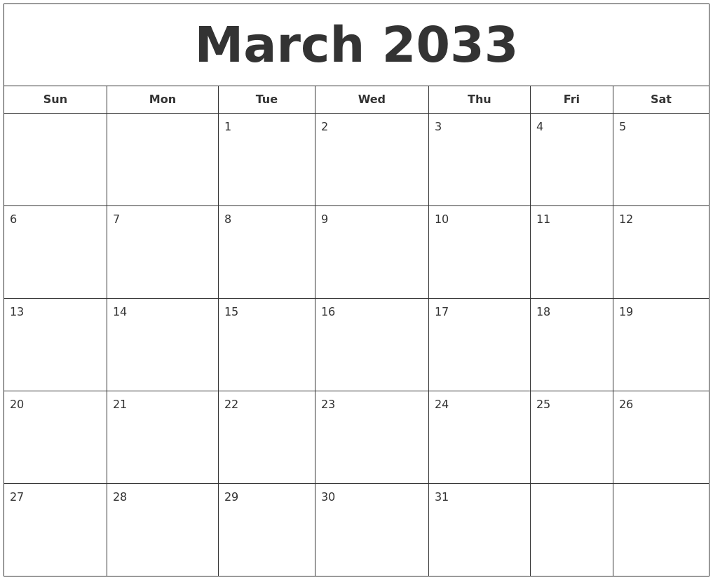 March 2033 Printable Calendar