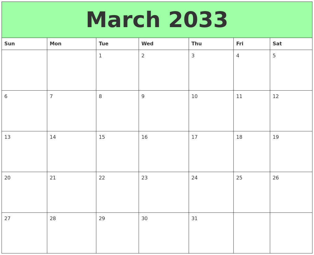 March 2033 Printable Calendars