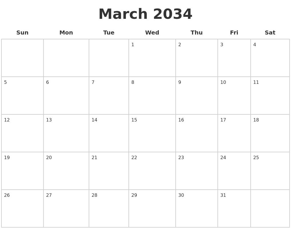 March 2034 Blank Calendar Pages