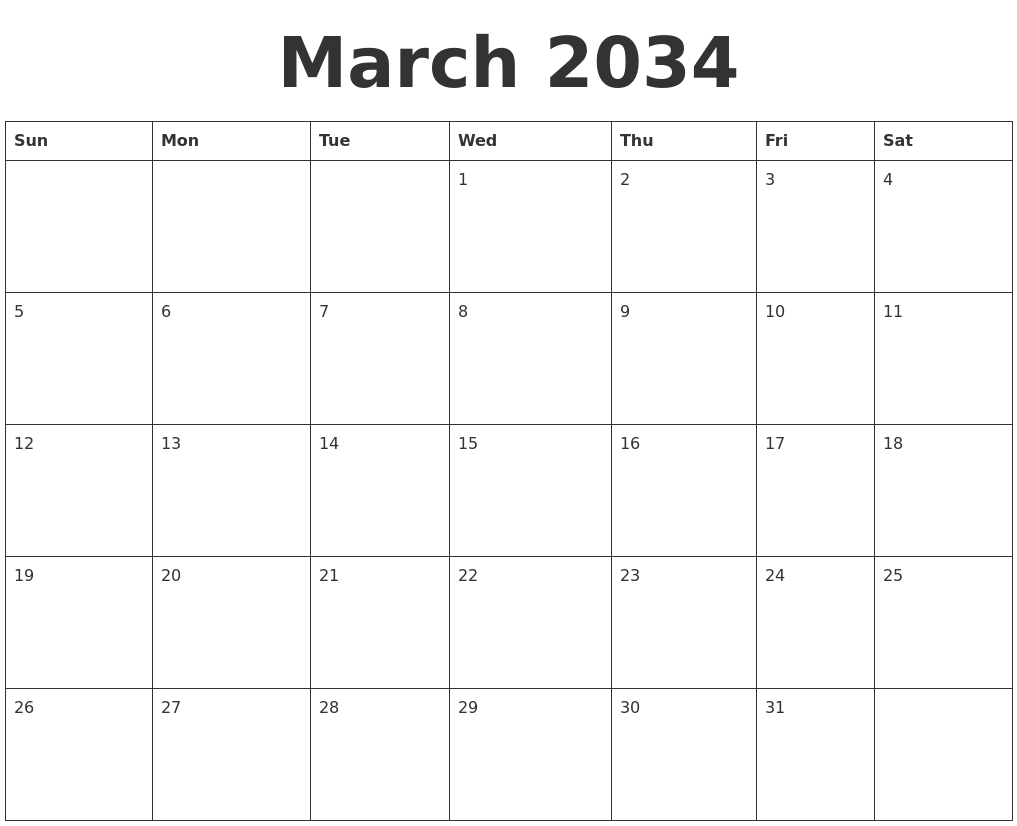 March 2034 Blank Calendar Template