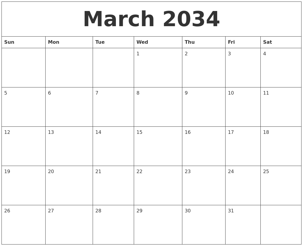 March 2034 Blank Calendar To Print