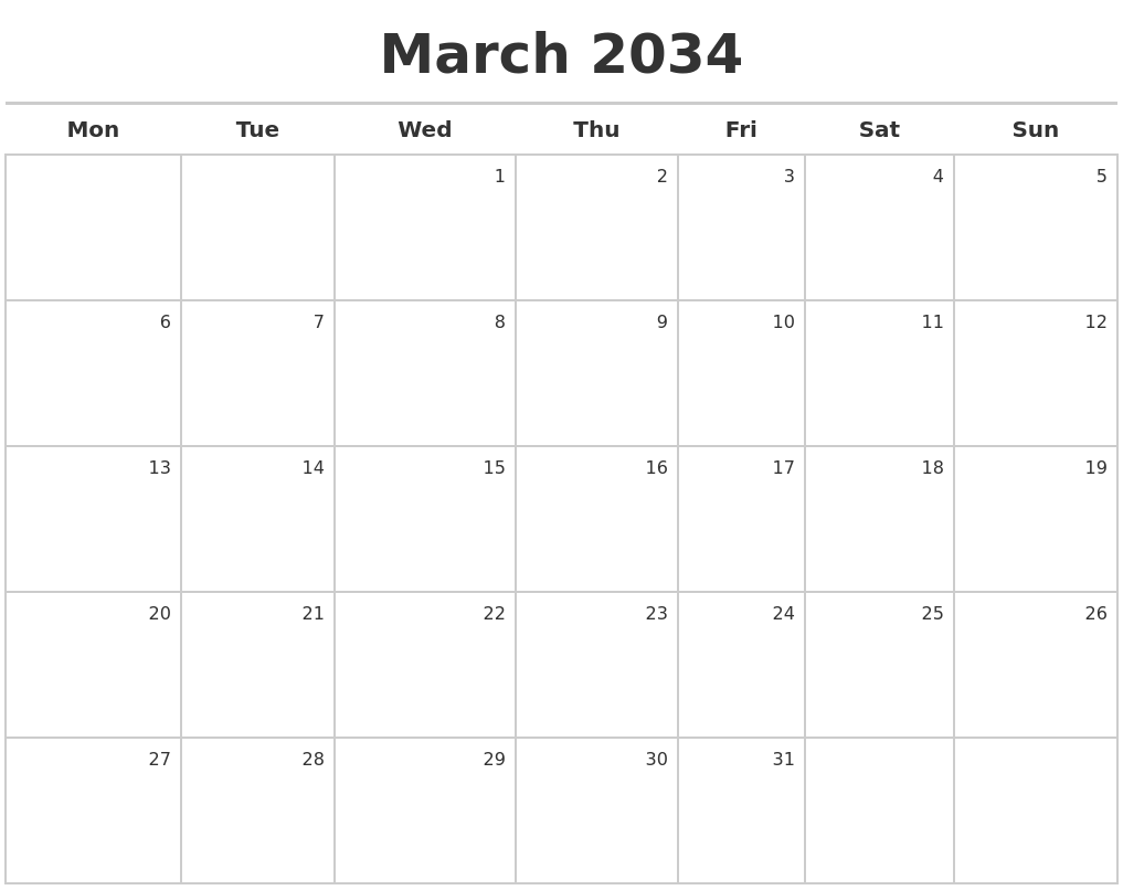 March 2034 Calendar Maker