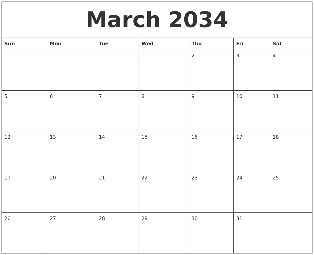 March 2034 Calender Print