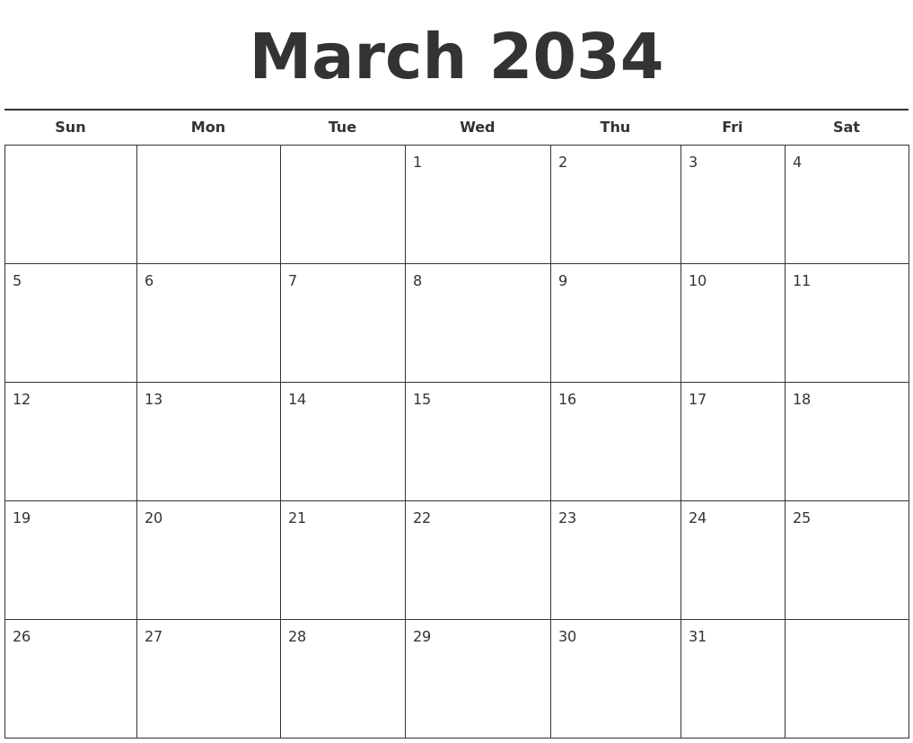 March 2034 Free Calendar Template