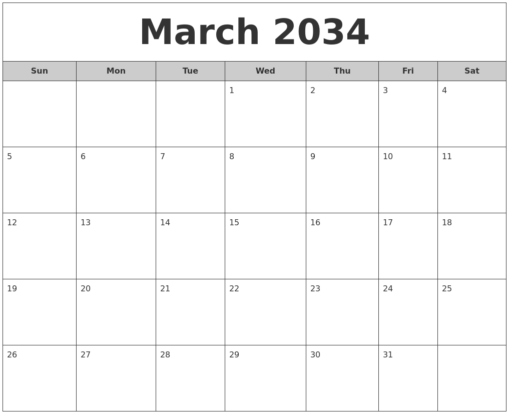 March 2034 Free Monthly Calendar