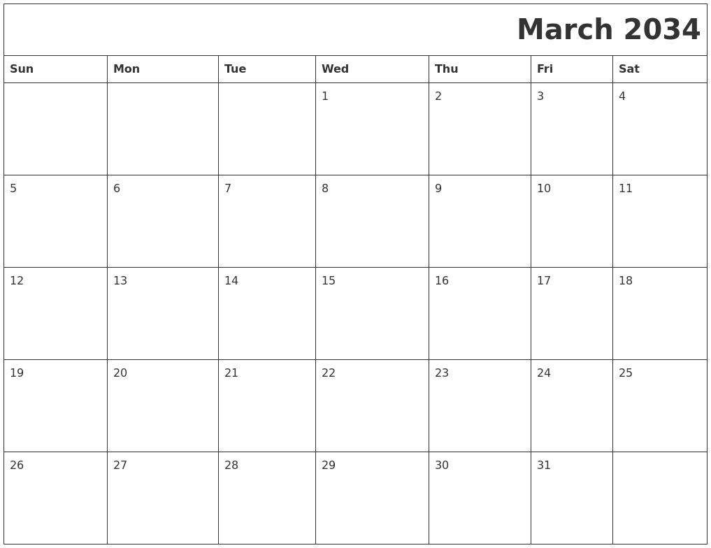 March 2034 Printable Calender