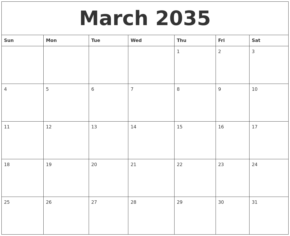 March 2035 Blank Calendar Printable