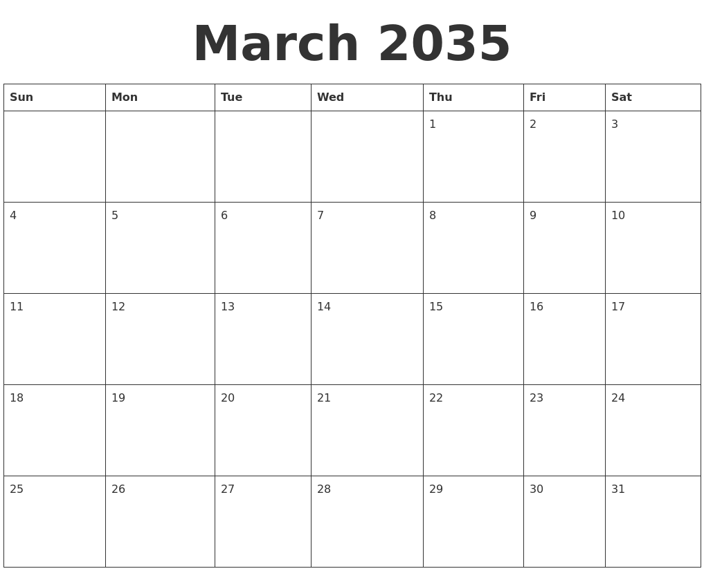 March 2035 Blank Calendar Template