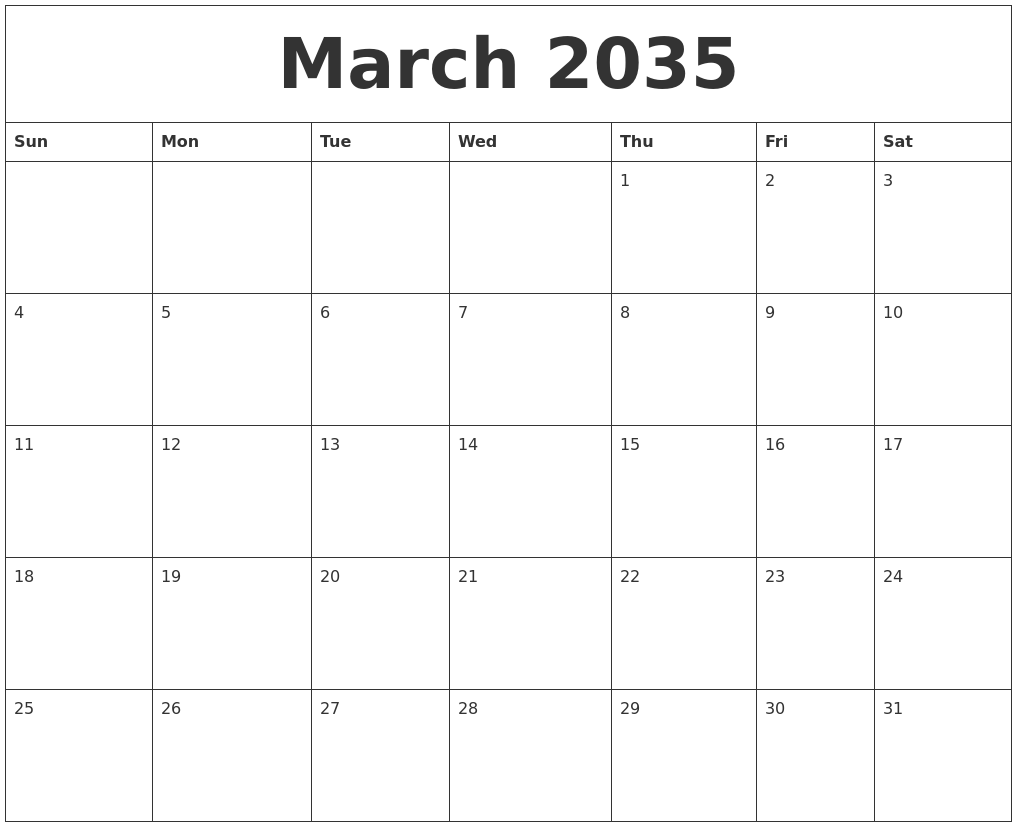 March 2035 Calender Print
