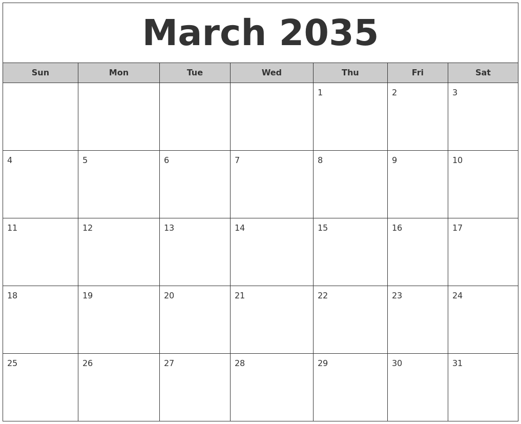 March 2035 Free Monthly Calendar