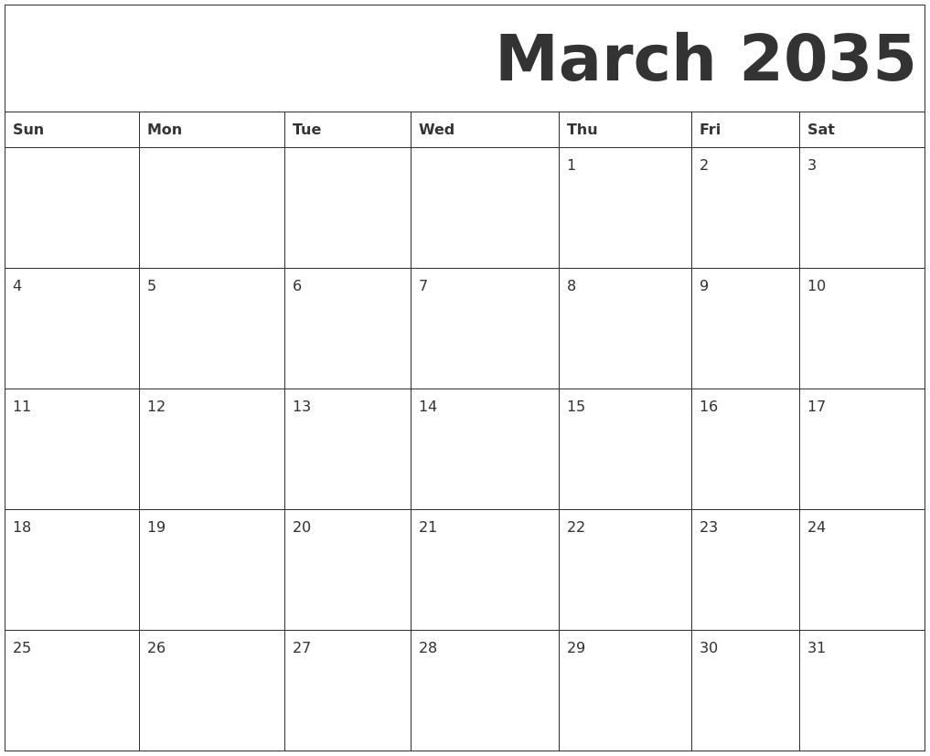 March 2035 Free Printable Calendar