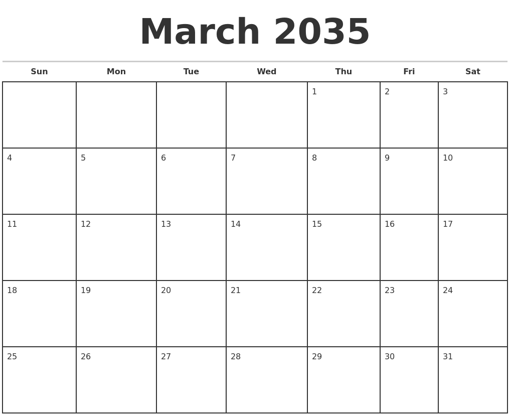 March 2035 Monthly Calendar Template