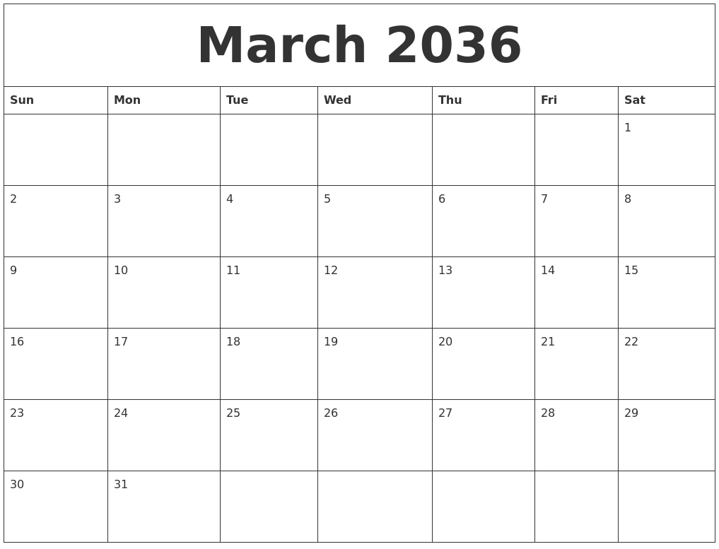 March 2036 Birthday Calendar Template