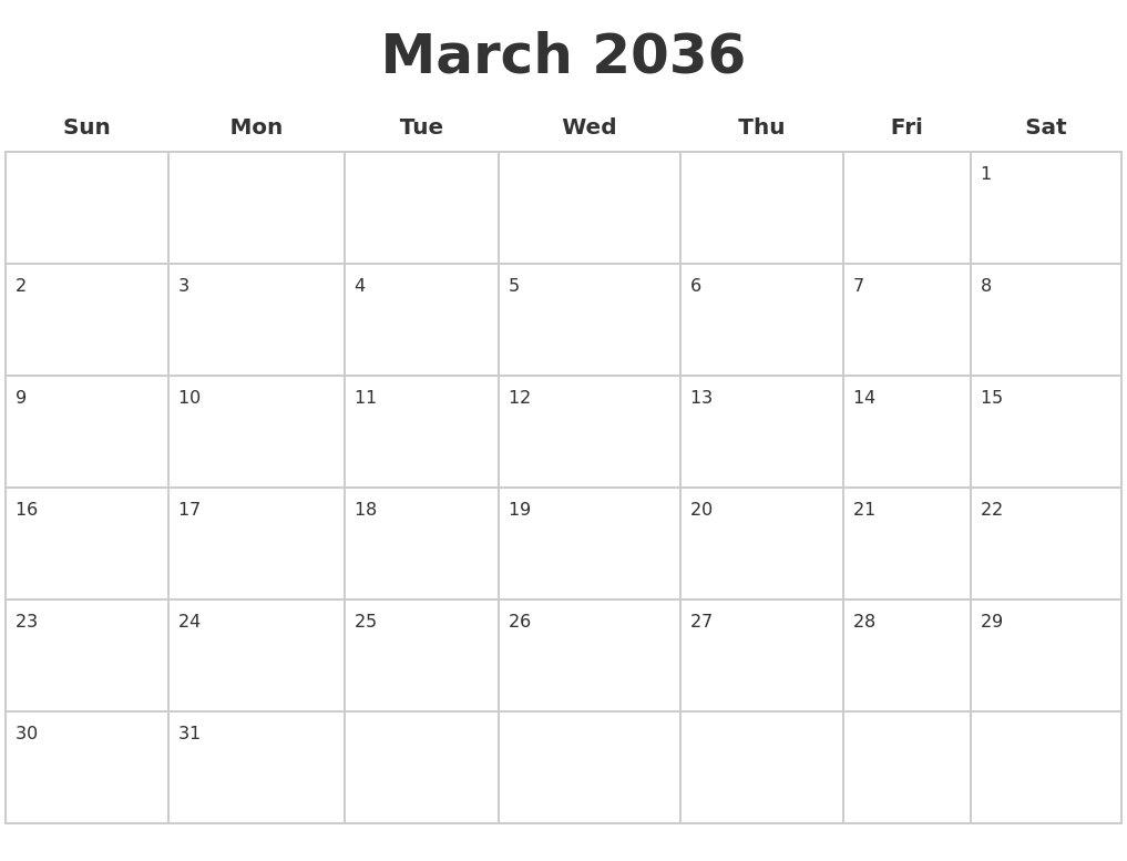 March 2036 Blank Calendar Pages