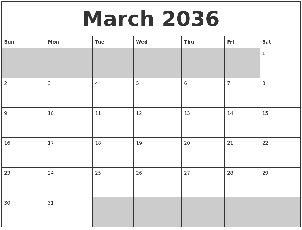 March 2036 Blank Printable Calendar