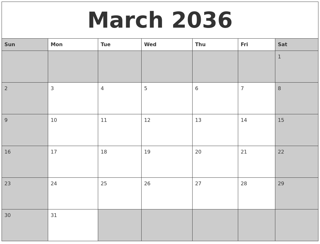 March 2036 Calanders