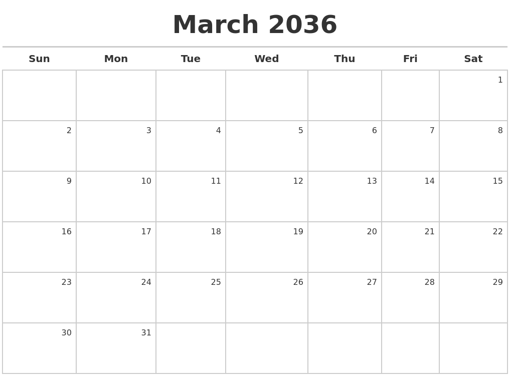 March 2036 Calendar Maker