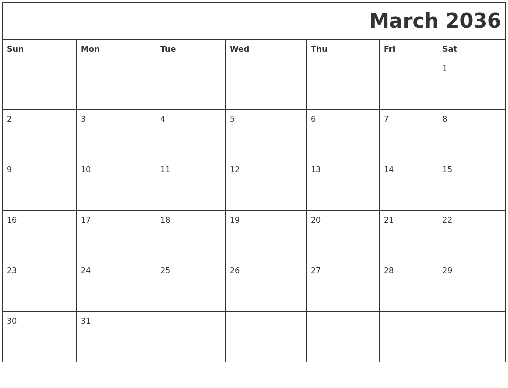 March 2036 Download Calendar