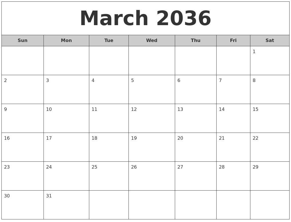 March 2036 Free Monthly Calendar