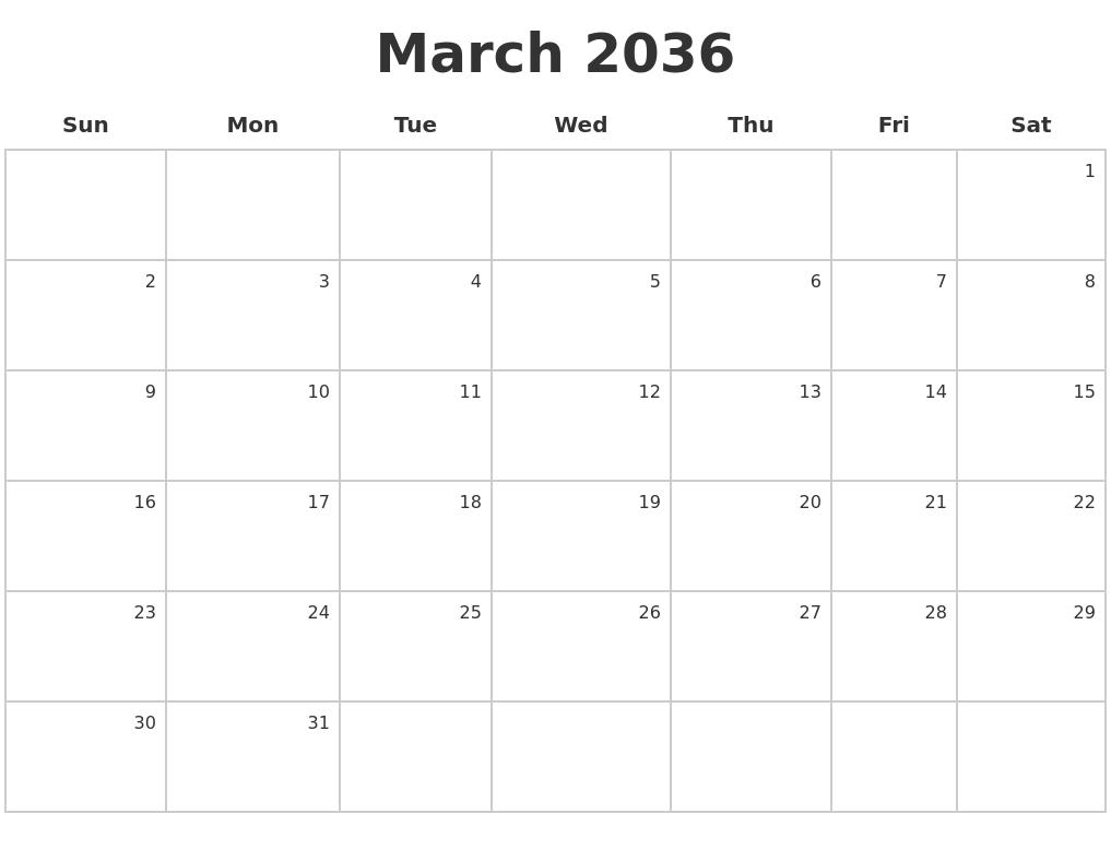 March 2036 Make A Calendar