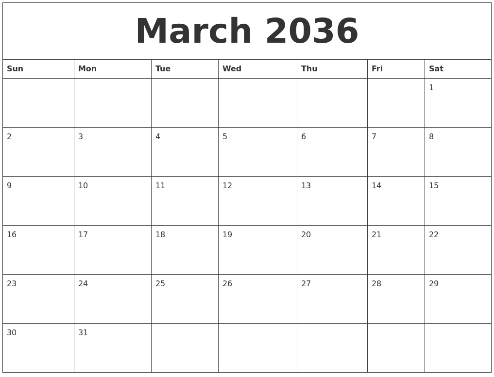 March 2036 Month Calendar Template