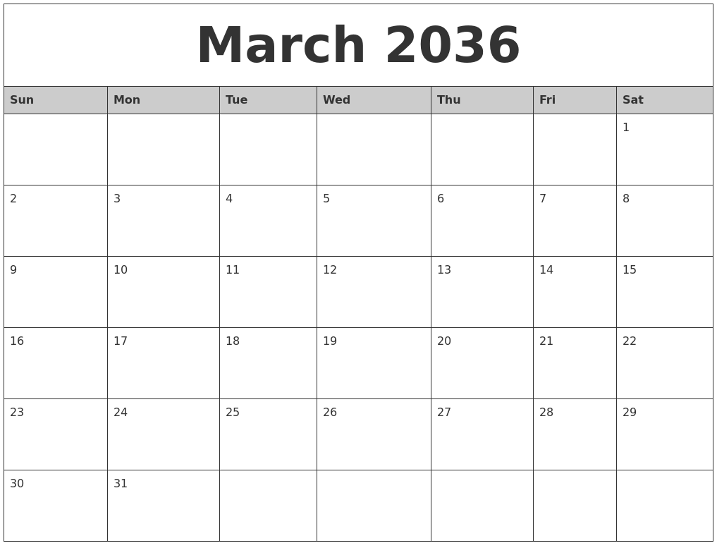 March 2036 Monthly Calendar Printable