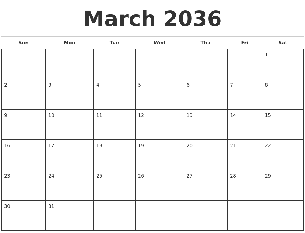 March 2036 Monthly Calendar Template