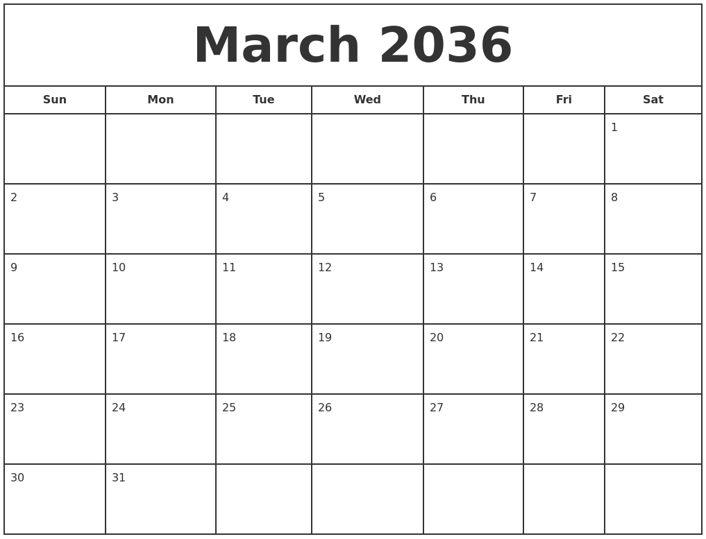 March 2036 Print Free Calendar