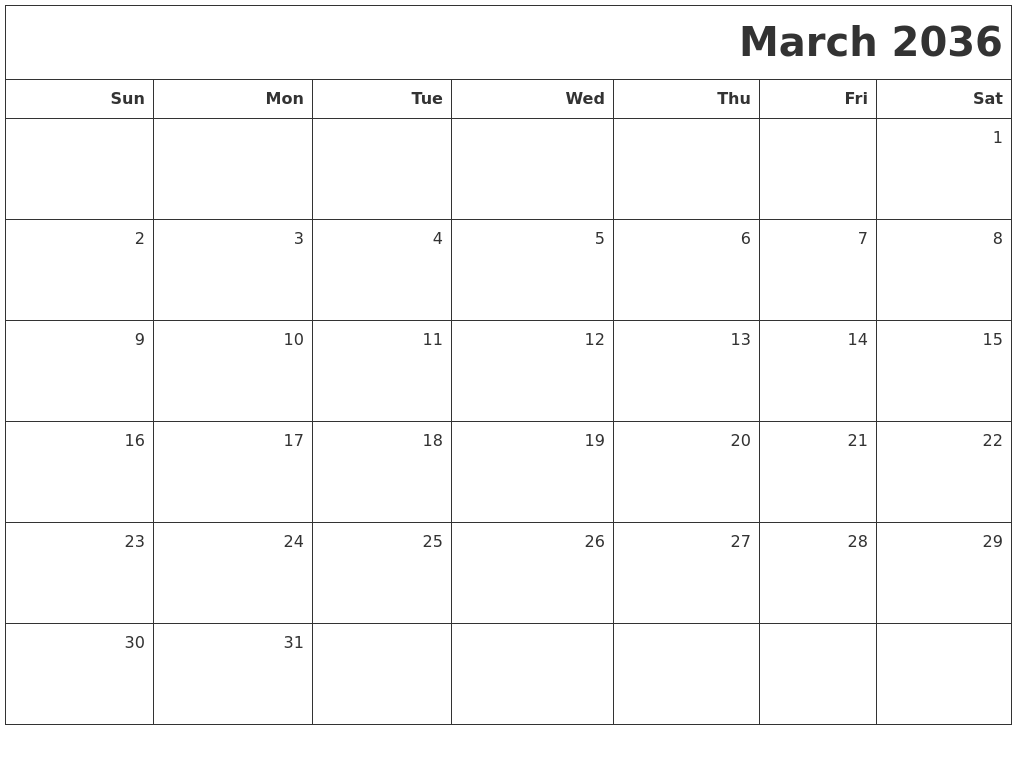 March 2036 Printable Blank Calendar