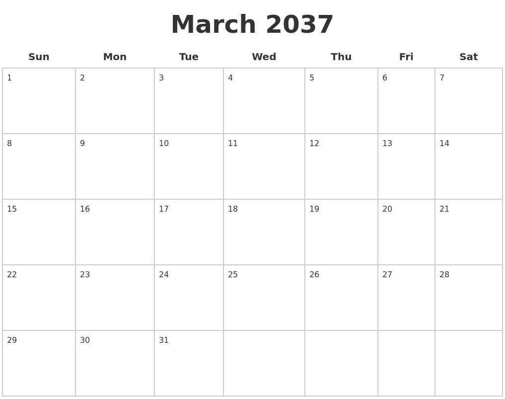 March 2037 Blank Calendar Pages