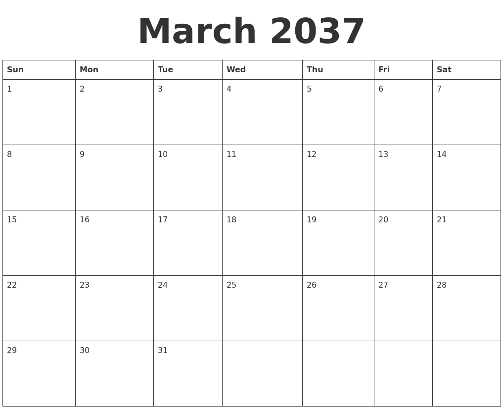 March 2037 Blank Calendar Template