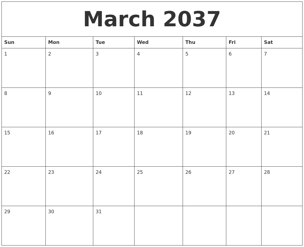 March 2037 Blank Monthly Calendar Pdf