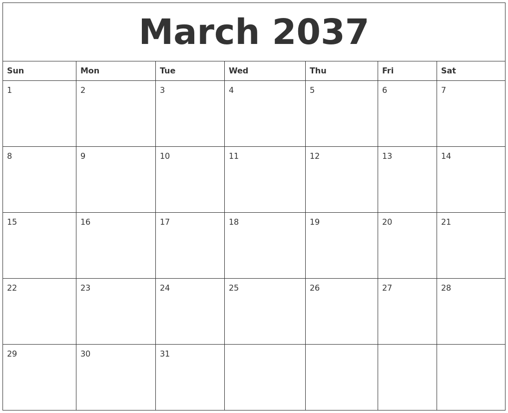March 2037 Blank Monthly Calendar Template