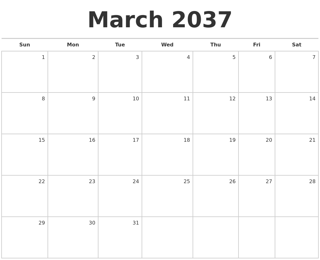 March 2037 Blank Monthly Calendar