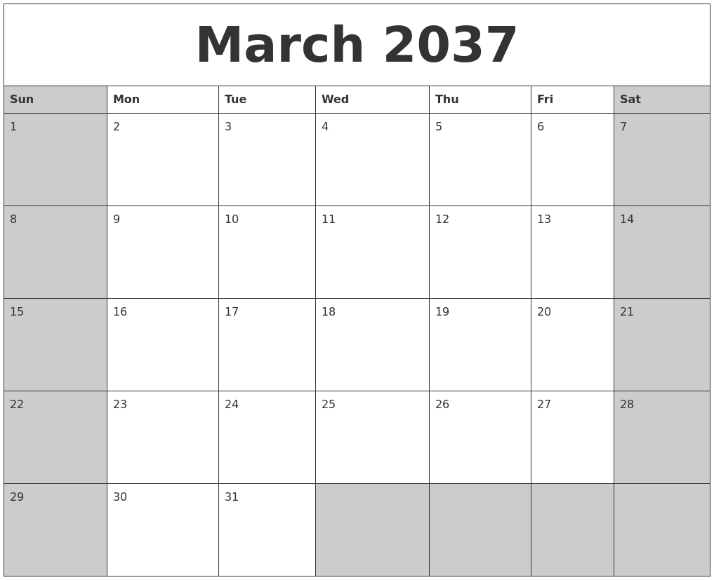 March 2037 Calanders