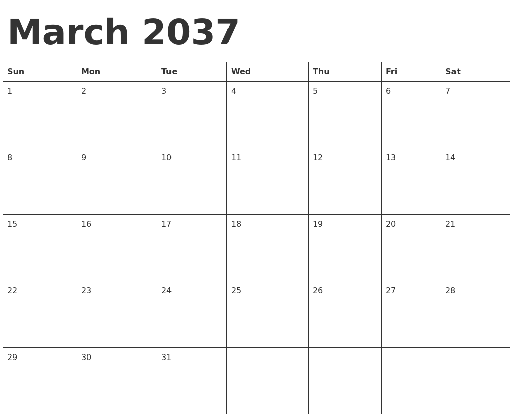 March 2037 Calendar Template