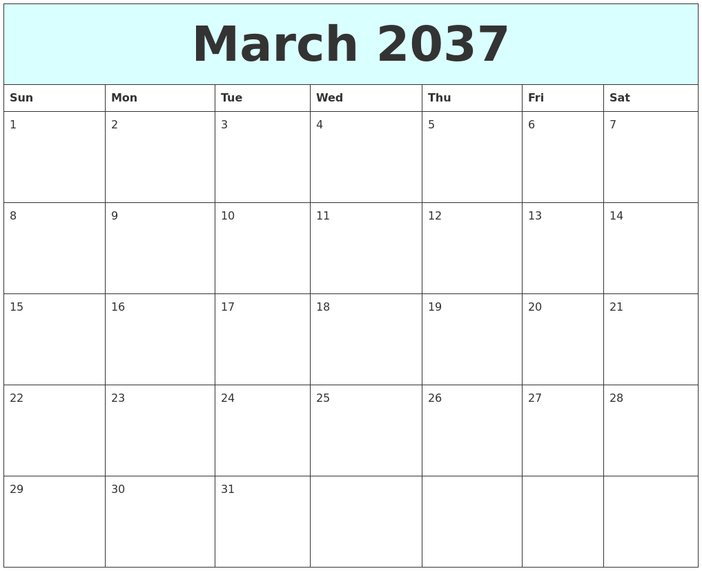 March 2037 Free Calendar