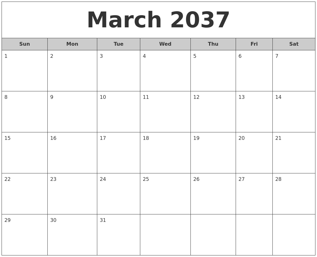 March 2037 Free Monthly Calendar