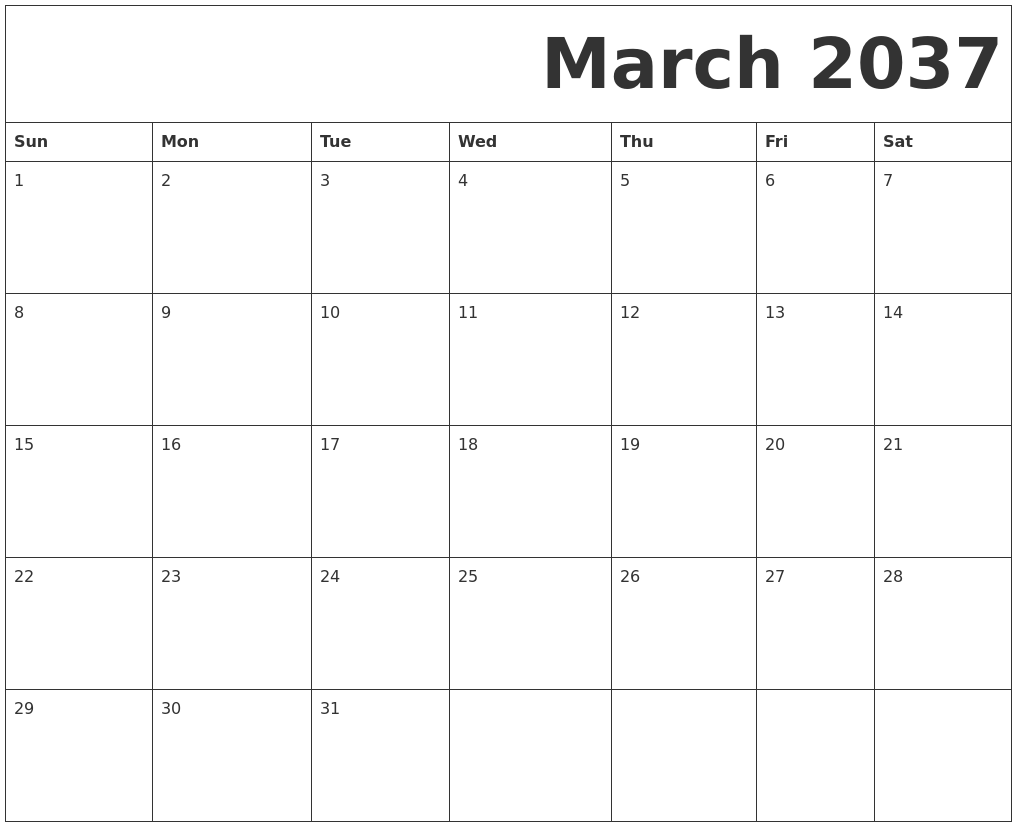 March 2037 Free Printable Calendar