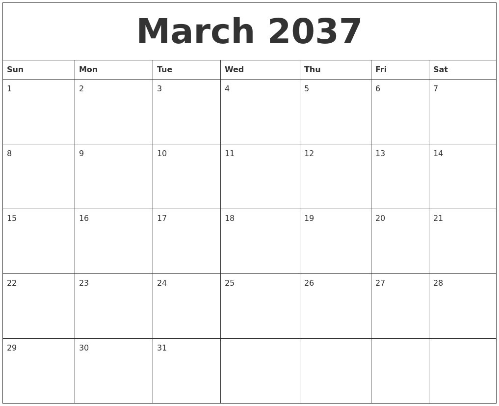 March 2037 Month Calendar Template