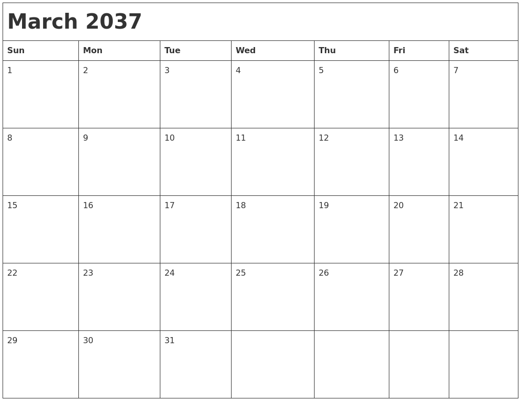 March 2037 Month Calendar