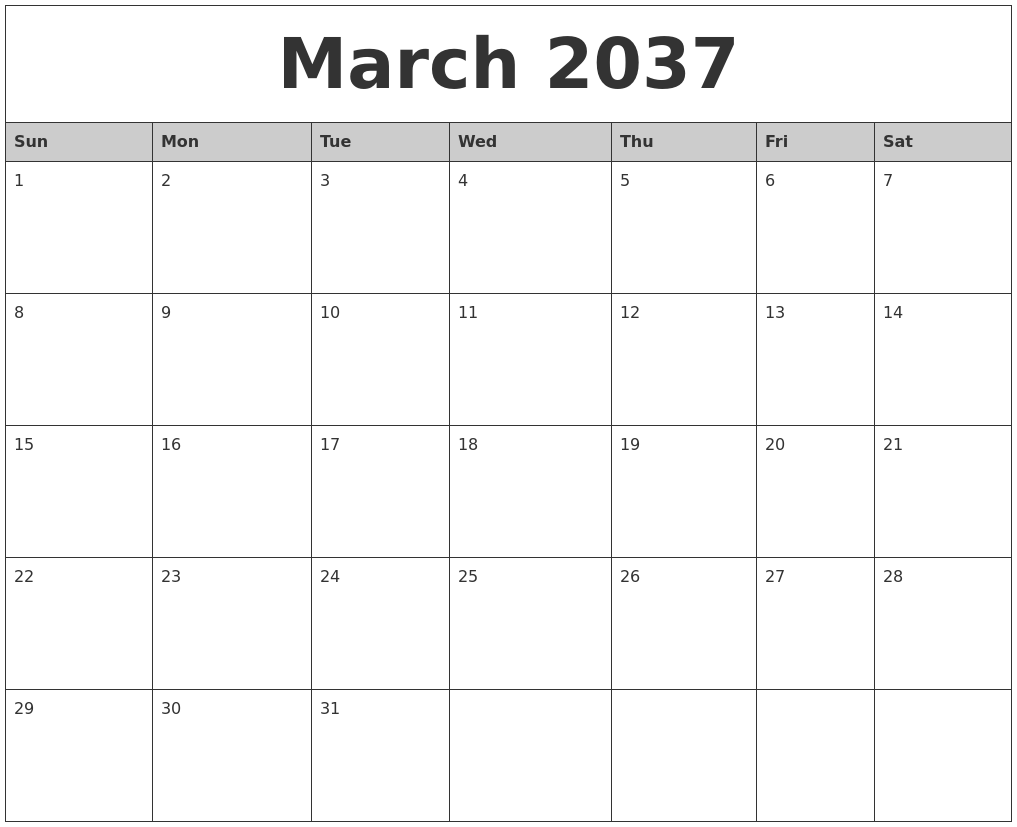 March 2037 Monthly Calendar Printable