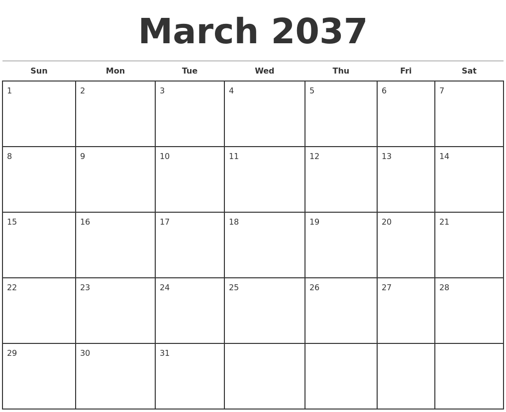 March 2037 Monthly Calendar Template