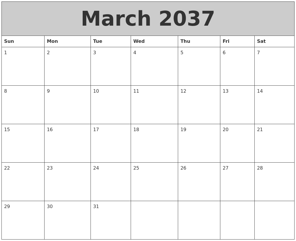 March 2037 My Calendar