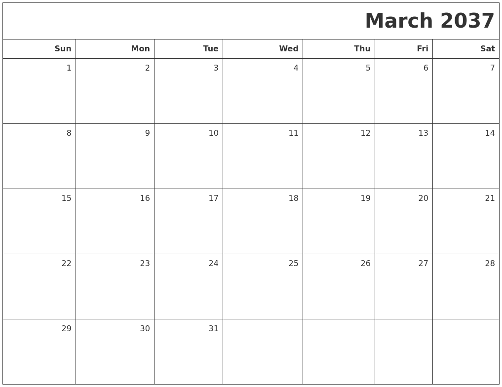 March 2037 Printable Blank Calendar