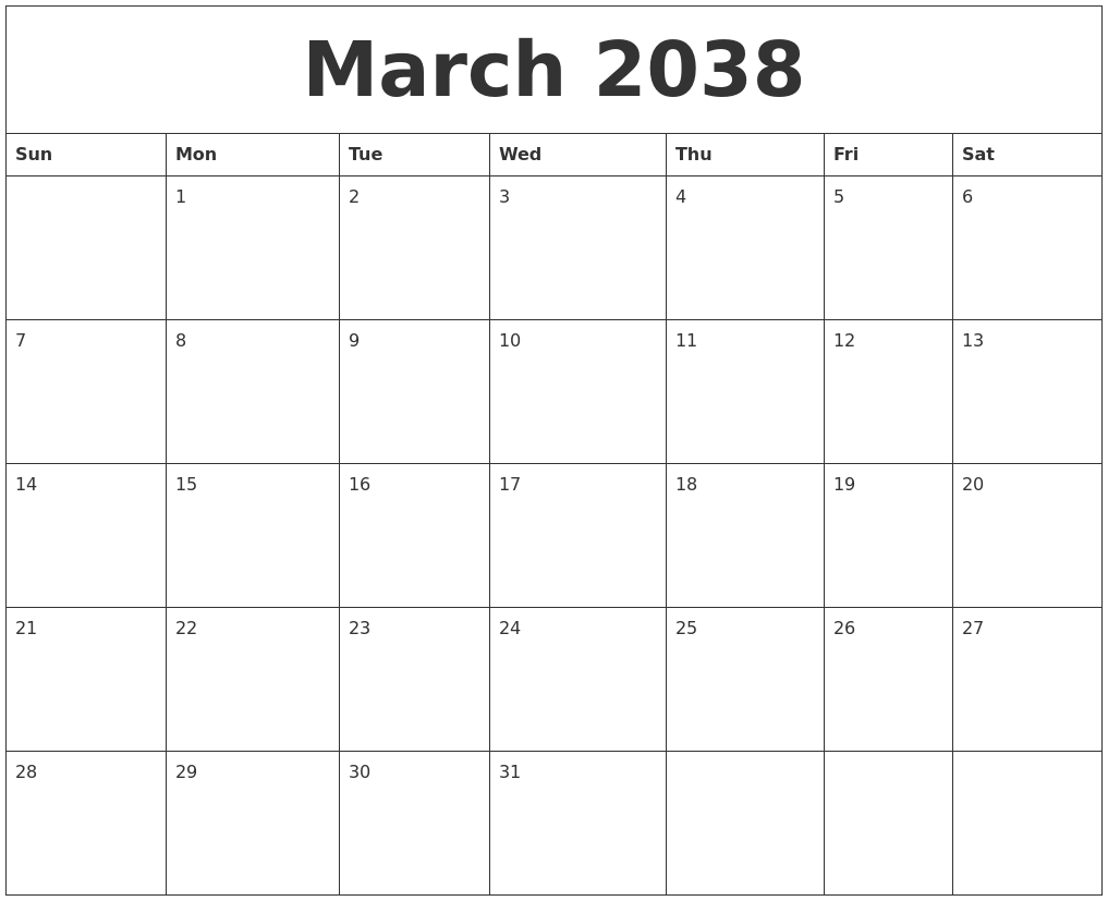 March 2038 Blank Calendar Printable